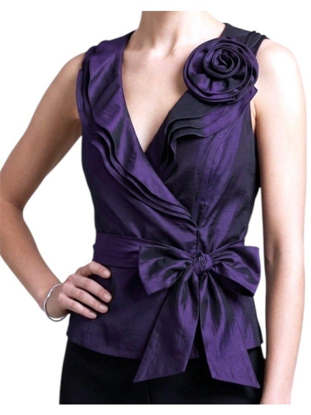 Victor Costa Vint age Y2K Glam Holiday Chic V-Neck Rose Ruffled Blouse Size 12